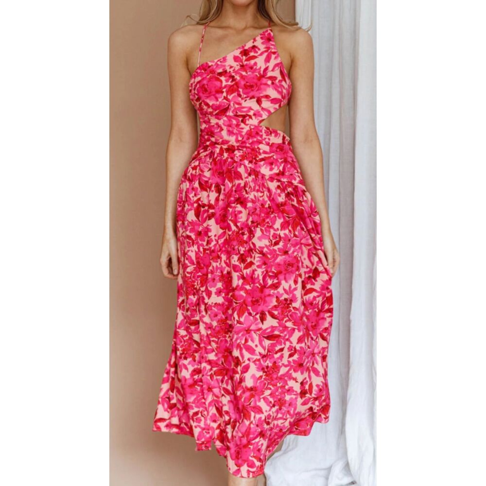 Selfie Leslie Pink Floral Open Back Midi Dress